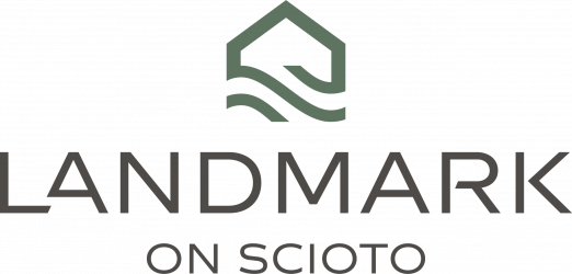 Green house icon with wavy lines above “LANDMARK” in bold letters and “ON SCIOTO” in smaller text below.